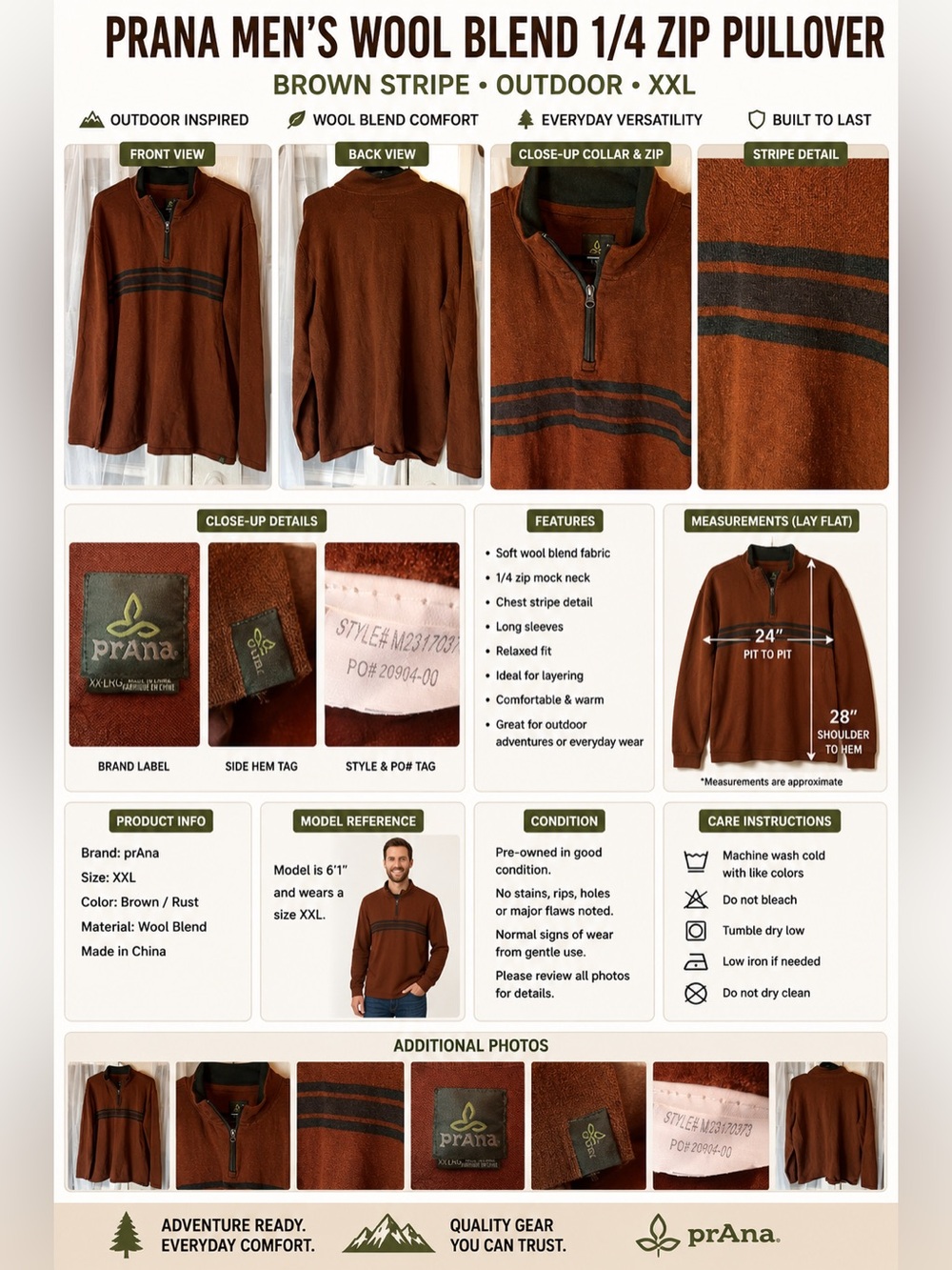 prAna Men's XXL Wool Blend 1/4 Zip Pullover Sweater Brown Stripe Outdoor Casual